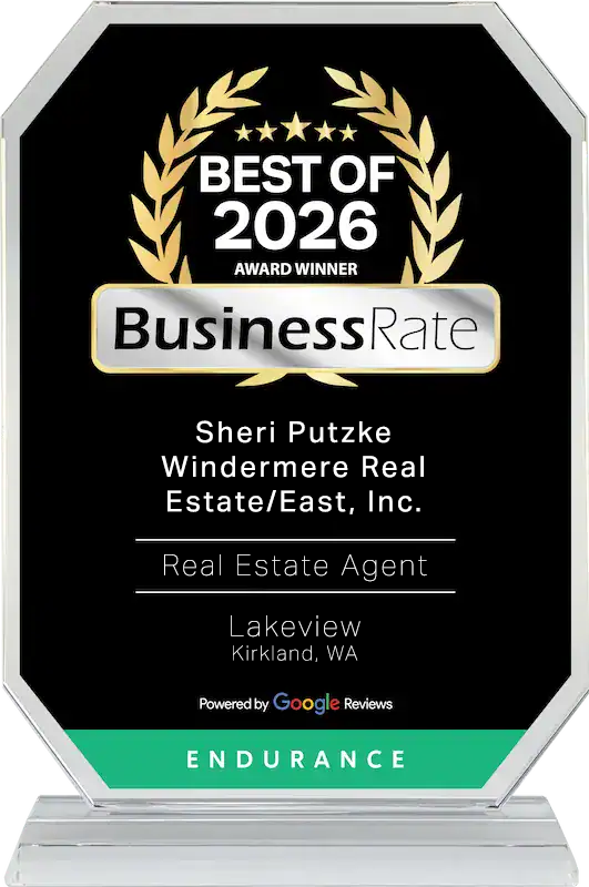 BusinessRate Best of 2026 Award Winner plaque recognizing Sheri Putzke of Windermere Real Estate/East, Inc. as a Real Estate Agent in Lakeview, Kirkland, WA, powered by Google Reviews, with an Endurance award designation.